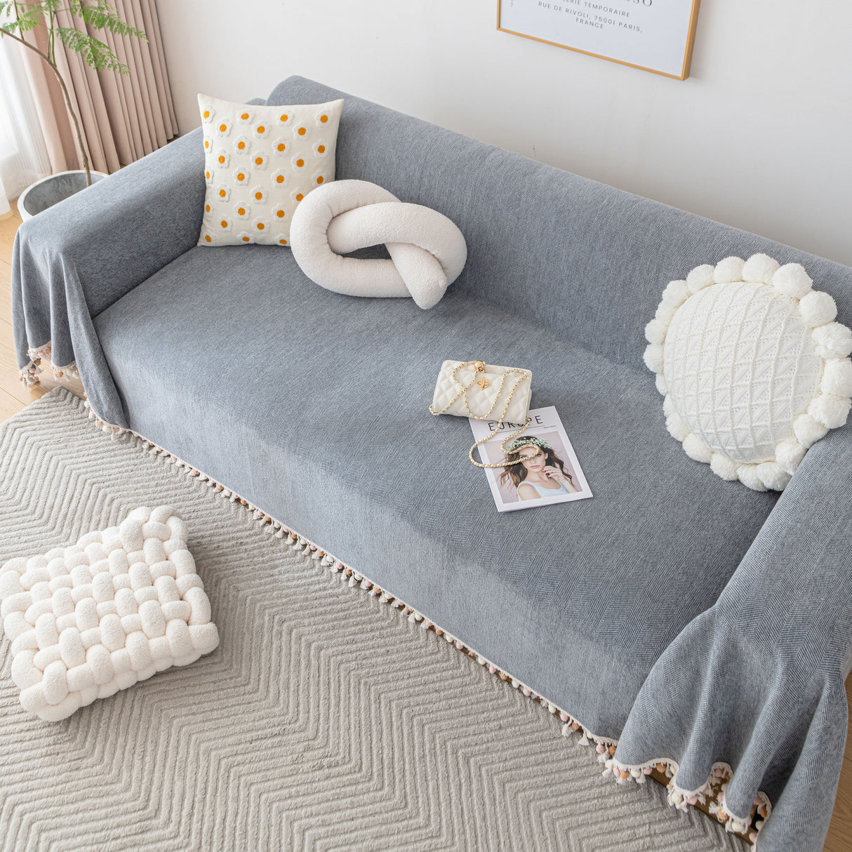 Boho Herringbone Sofa Throw Blanket with Pom Pom Tassels Stylish Furniture Slipcover