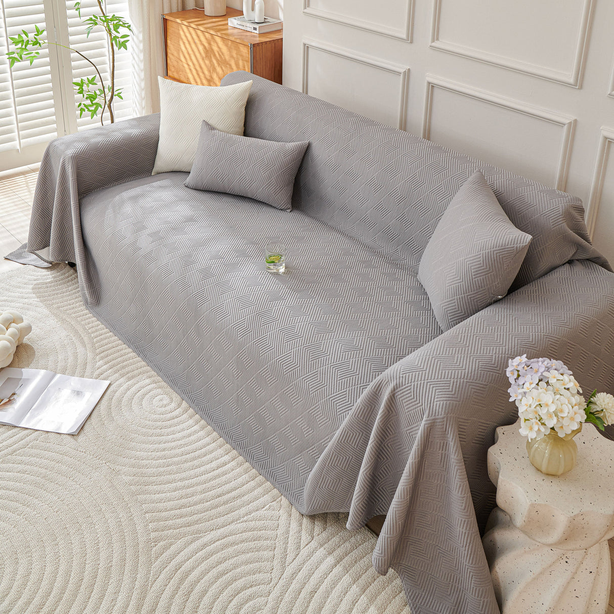 Cooling Scratch Proof Large Sofa Throw Cover, Geometric Texture Couch Protector