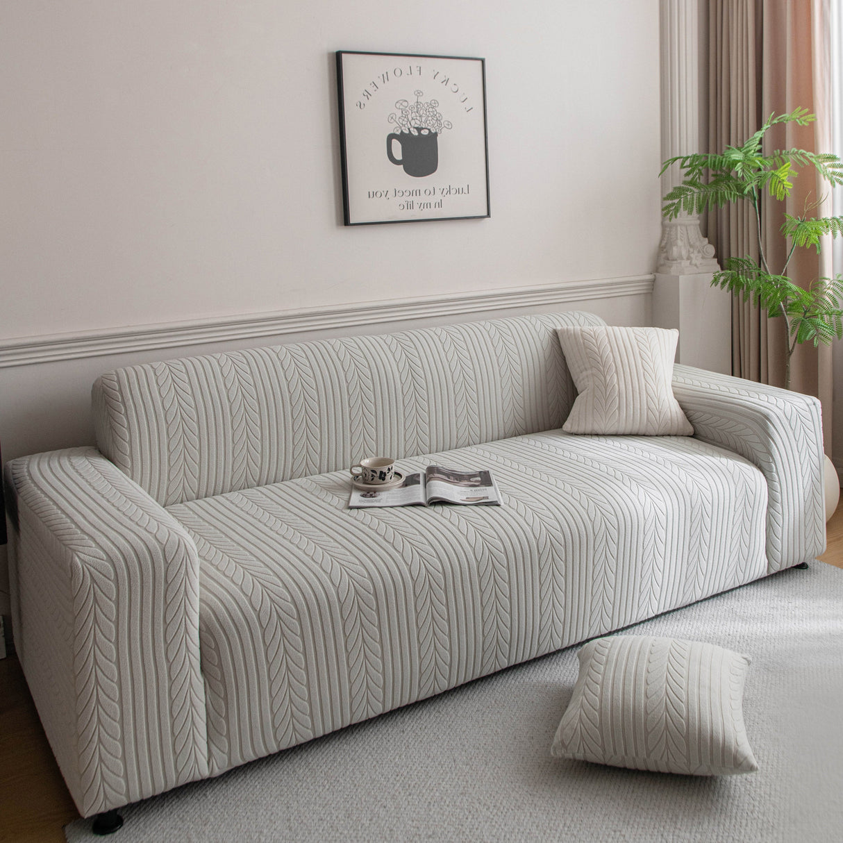 Plush Fleece Sofa Slipcover with 3D Wheat Pattern, Cozy High-Stretch Couch Cover