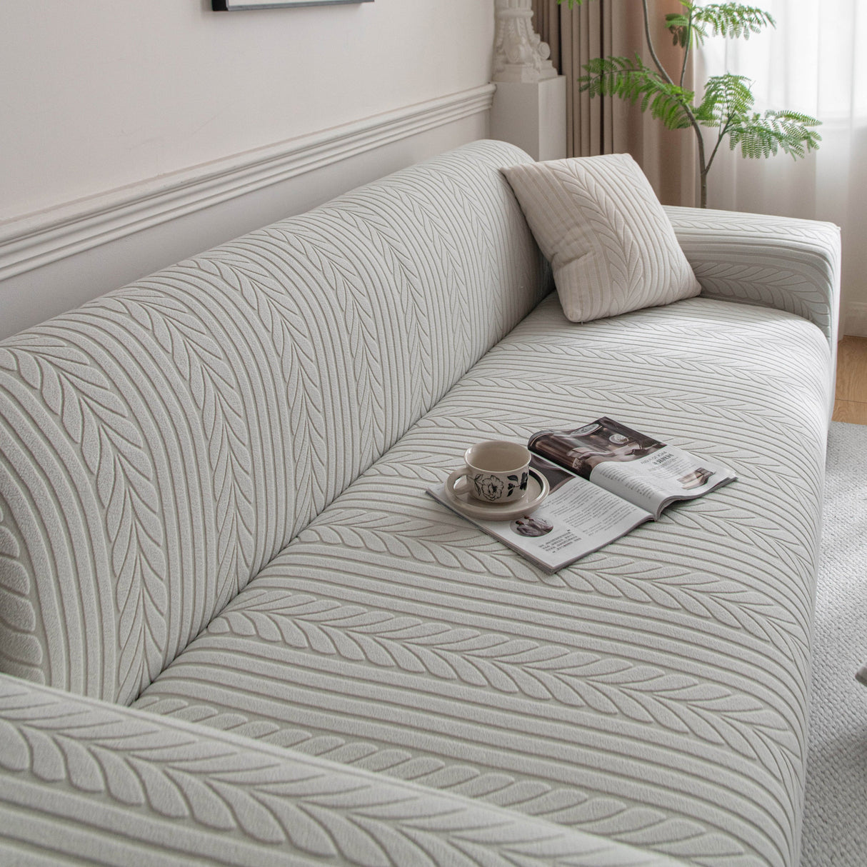 Plush Fleece Sofa Slipcover with 3D Wheat Pattern, Cozy High-Stretch Couch Cover