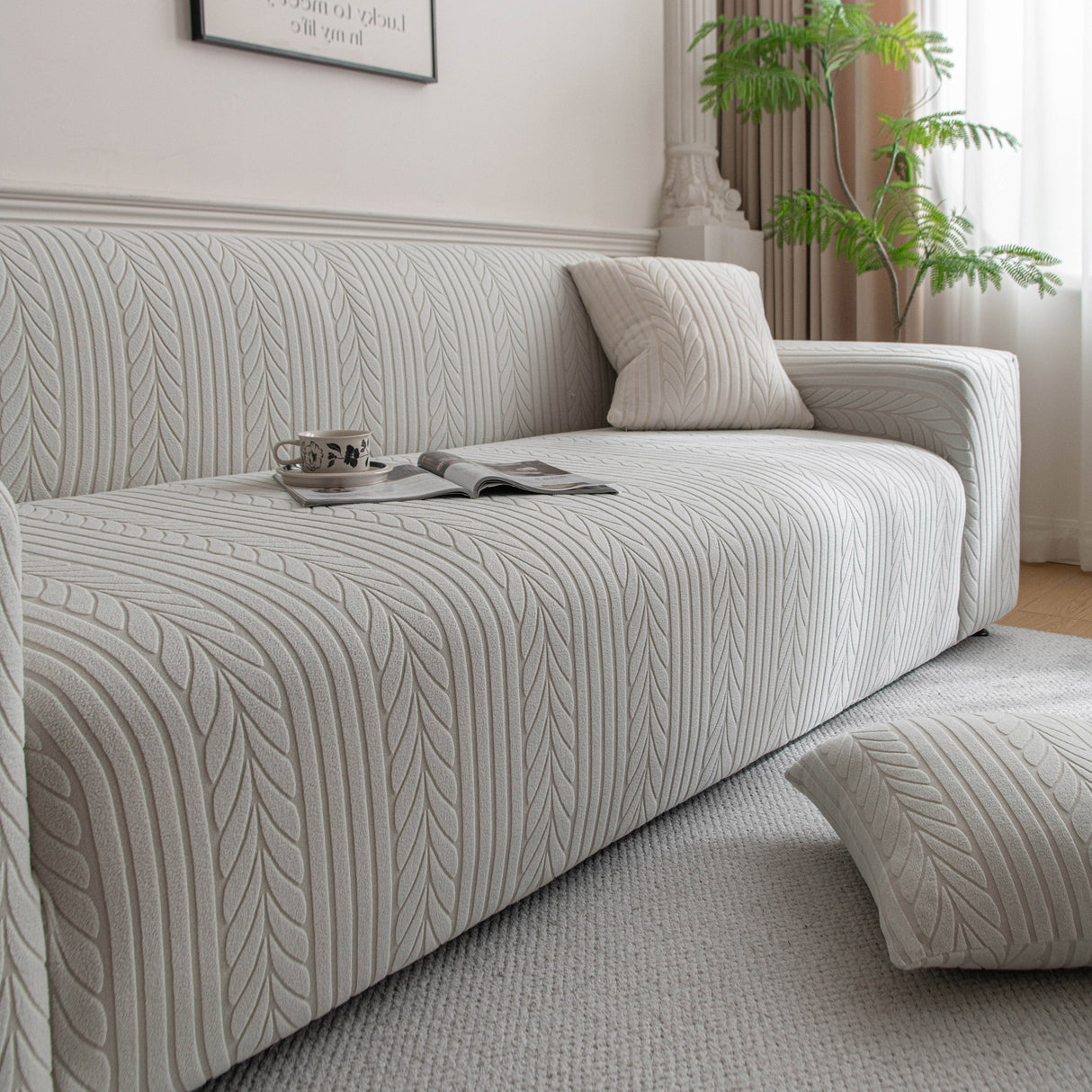 Plush Fleece Sofa Slipcover with 3D Wheat Pattern, Cozy High-Stretch Couch Cover