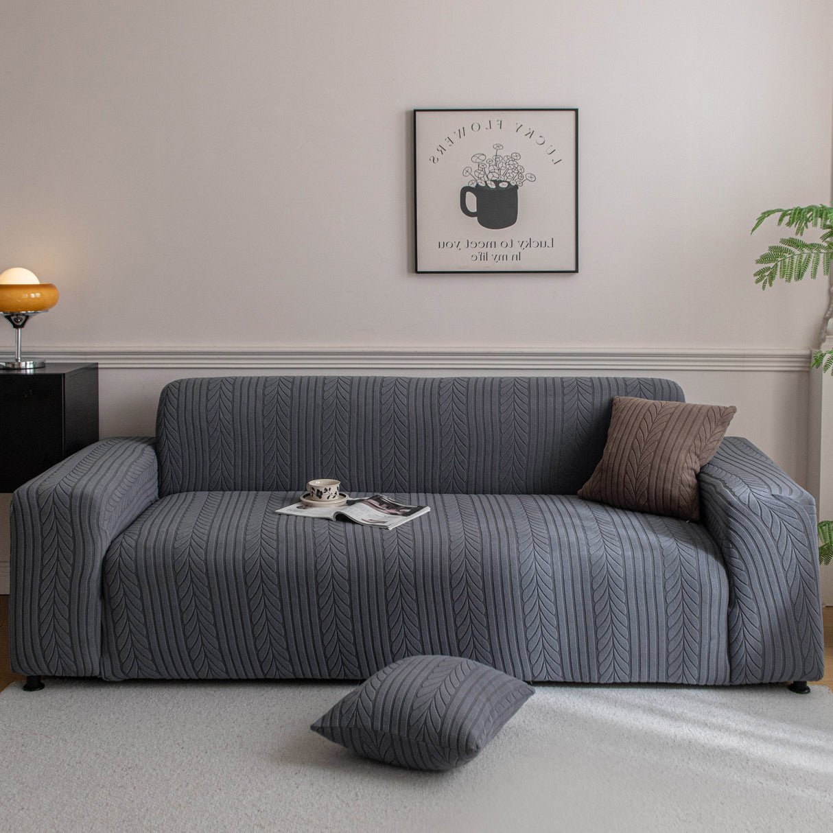 Plush Fleece Sofa Slipcover with 3D Wheat Pattern, Cozy High-Stretch Couch Cover