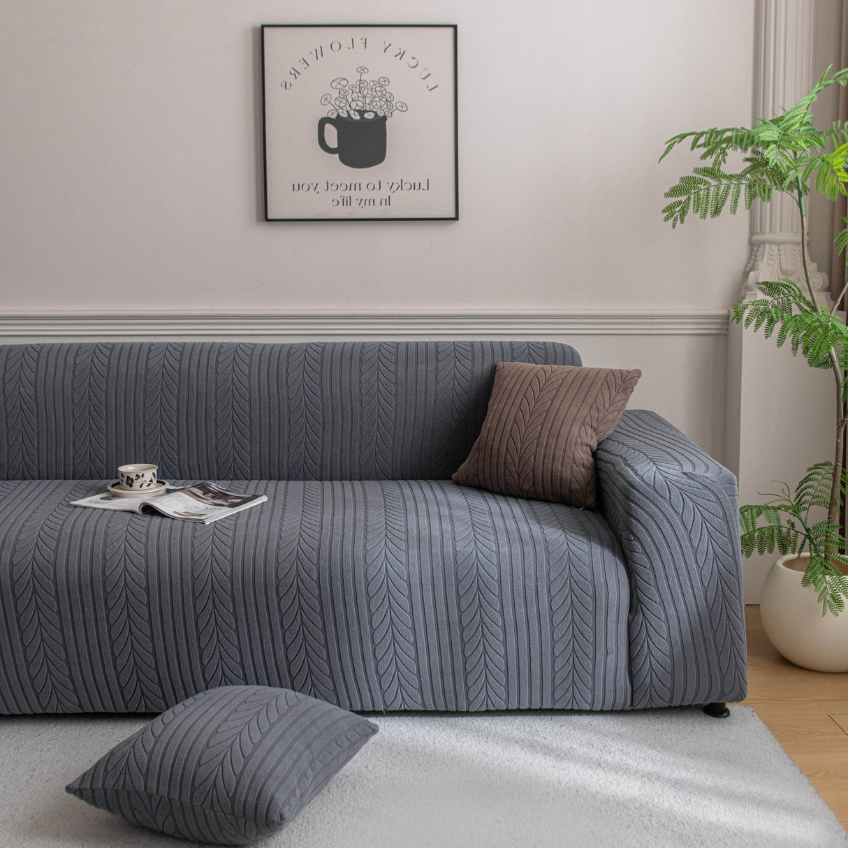 Plush Fleece Sofa Slipcover with 3D Wheat Pattern, Cozy High-Stretch Couch Cover