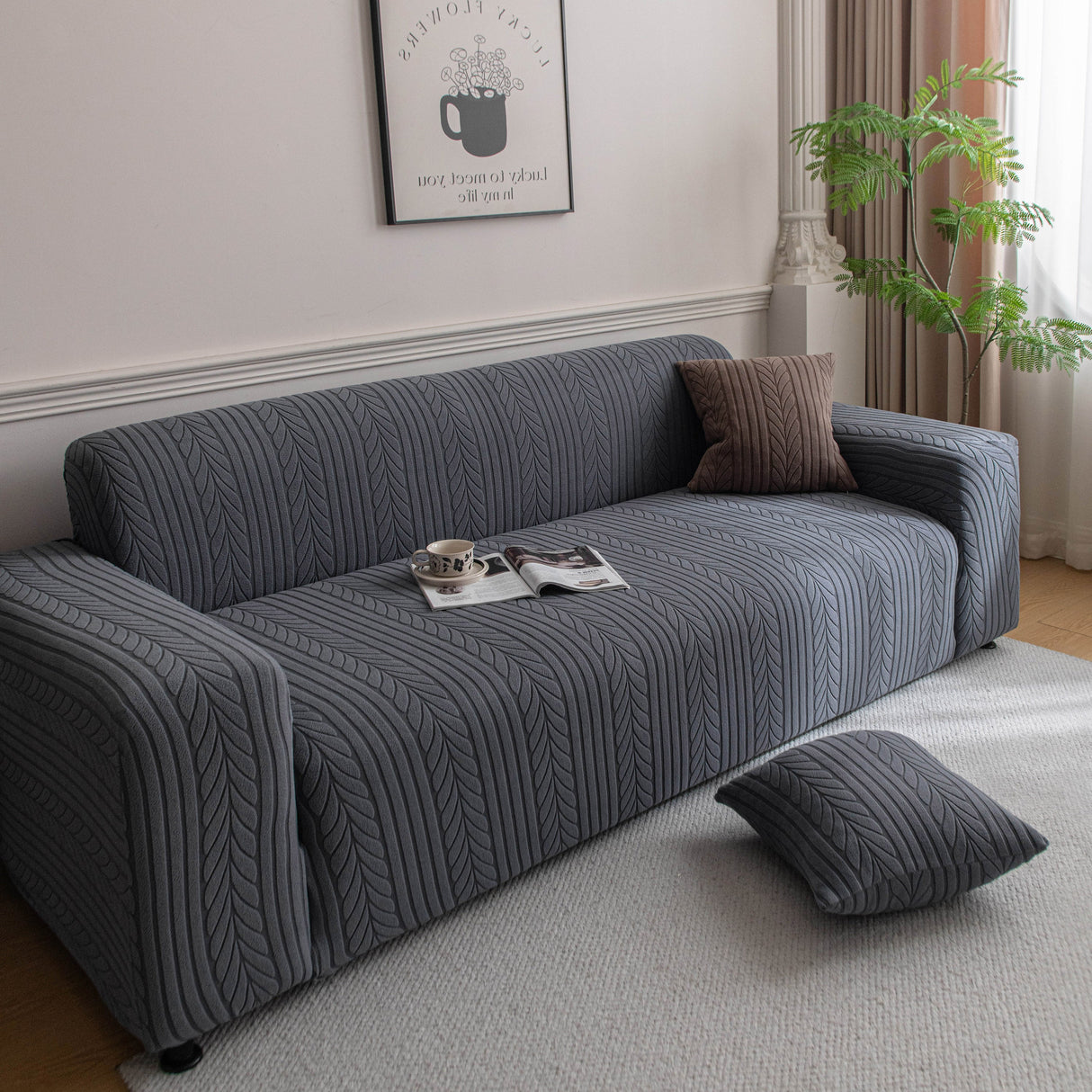 Plush Fleece Sofa Slipcover with 3D Wheat Pattern, Cozy High-Stretch Couch Cover