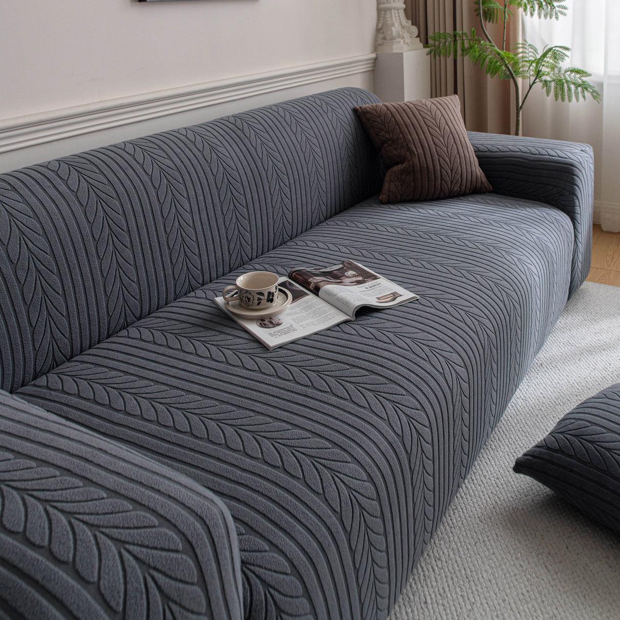 Plush Fleece Sofa Slipcover with 3D Wheat Pattern, Cozy High-Stretch Couch Cover