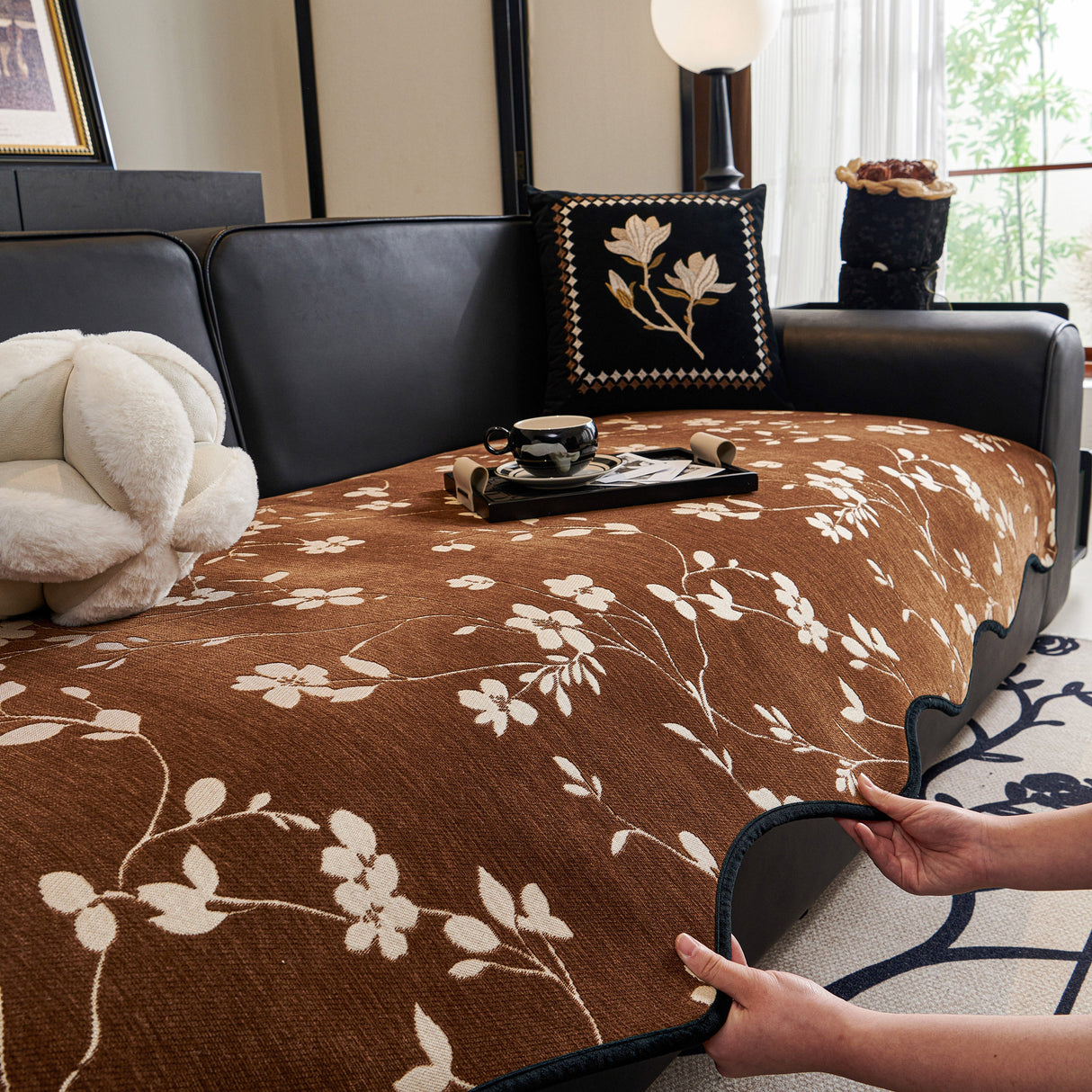 Floral Chenille Couch Cover, Non-Slip Sofa Slipcover Protector for Furniture