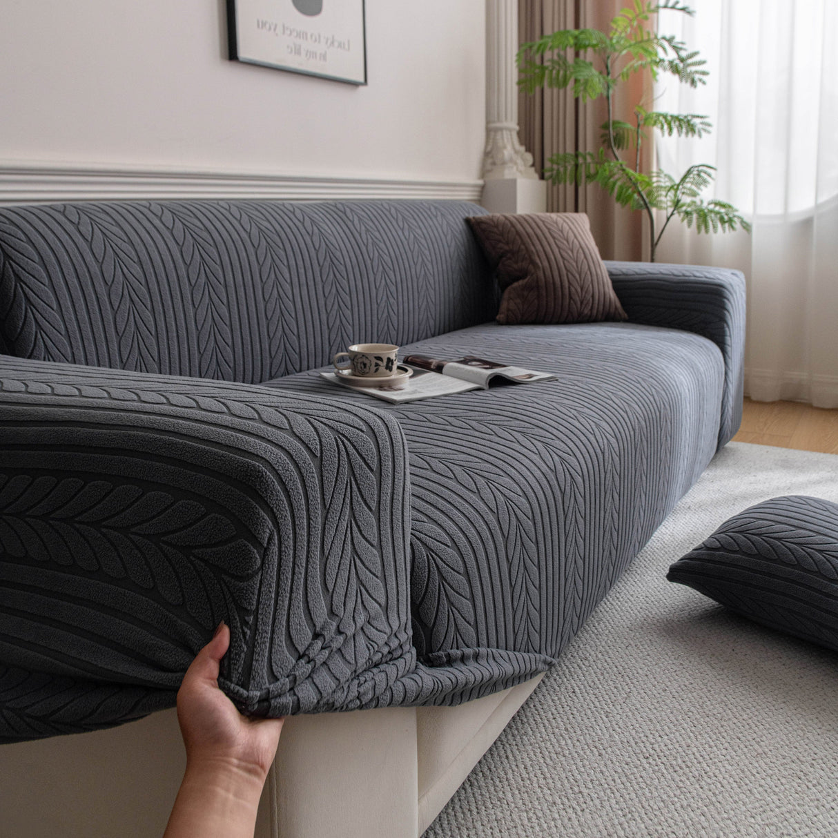 Plush Fleece Sofa Slipcover with 3D Wheat Pattern, Cozy High-Stretch Couch Cover