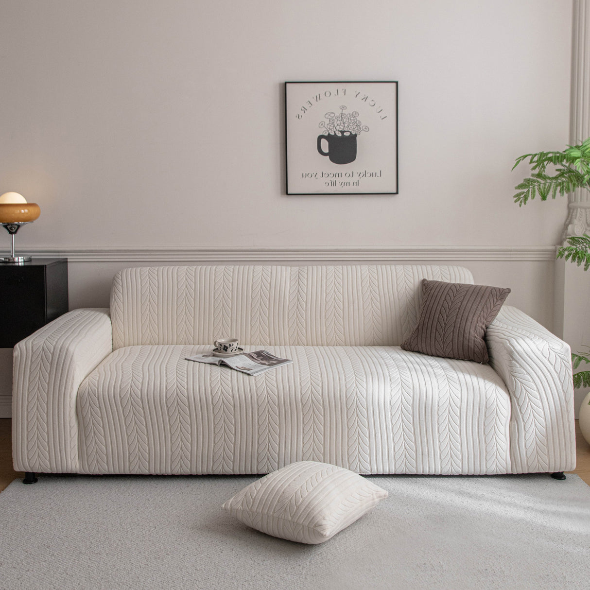 Plush Fleece Sofa Slipcover with 3D Wheat Pattern, Cozy High-Stretch Couch Cover