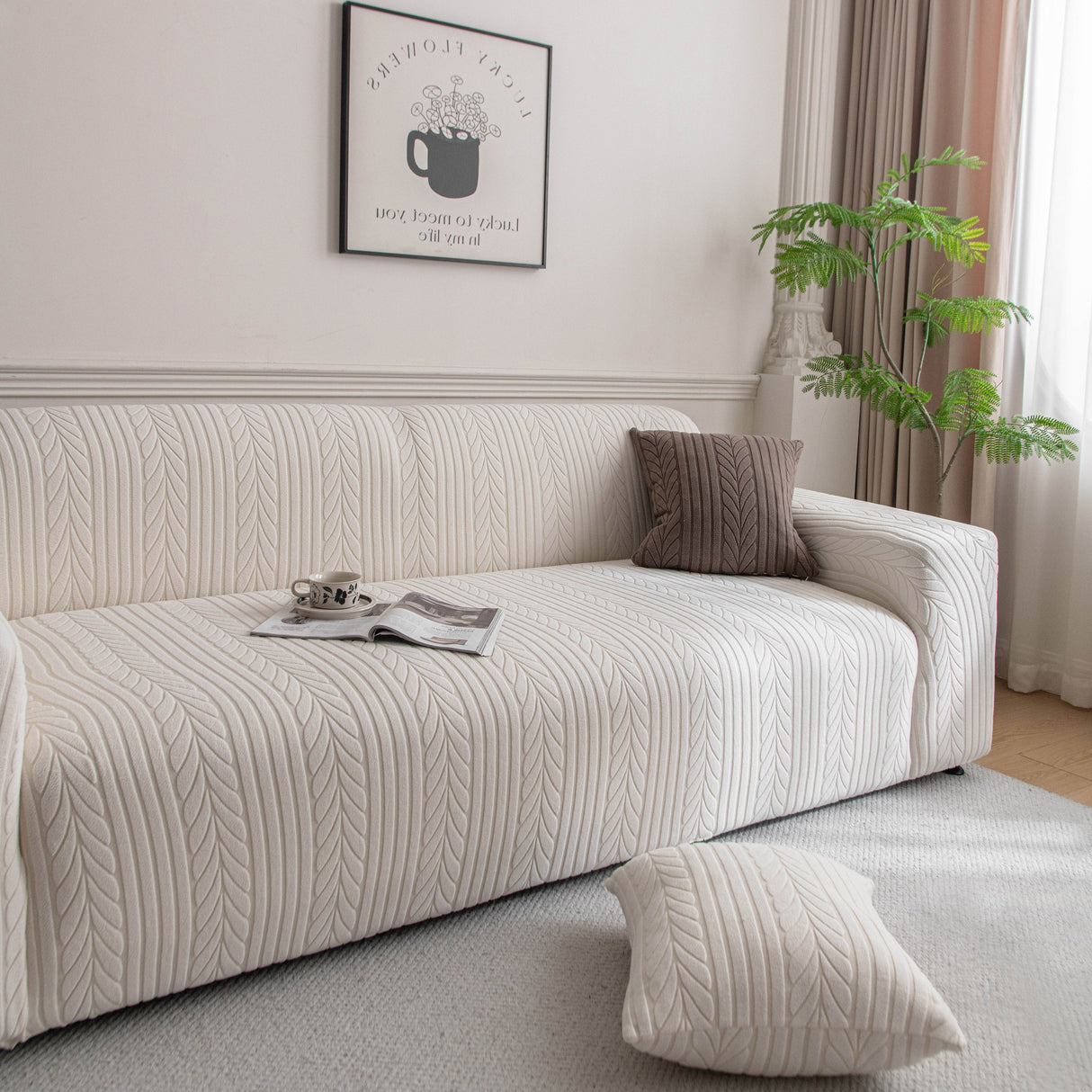 Plush Fleece Sofa Slipcover with 3D Wheat Pattern, Cozy High-Stretch Couch Cover