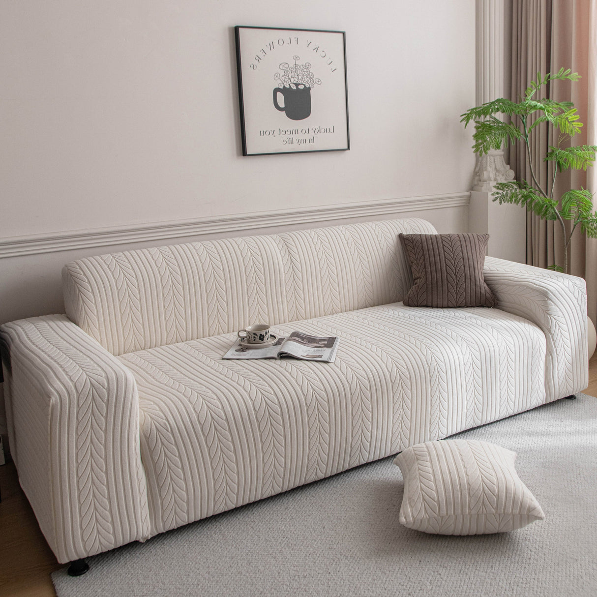 Plush Fleece Sofa Slipcover with 3D Wheat Pattern, Cozy High-Stretch Couch Cover