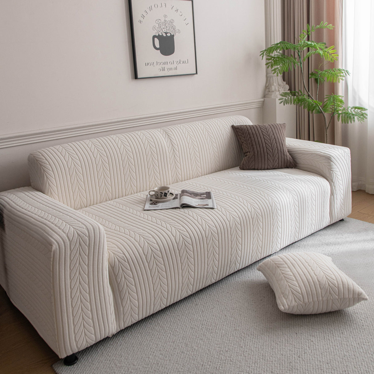 Plush Fleece Sofa Slipcover with 3D Wheat Pattern, Cozy High-Stretch Couch Cover