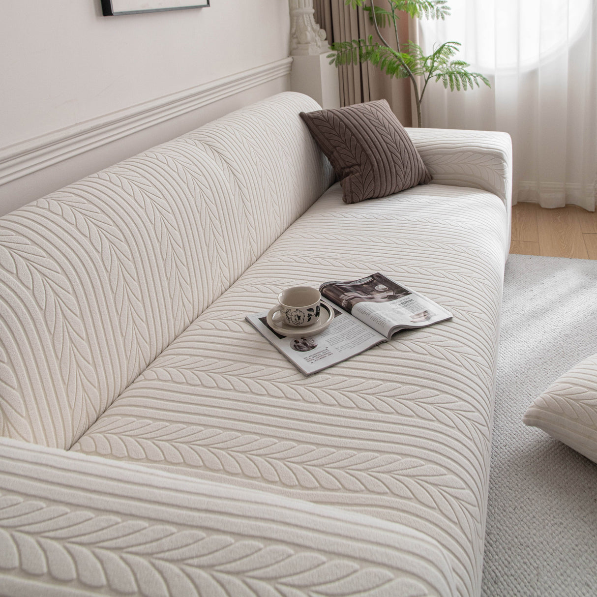 Plush Fleece Sofa Slipcover with 3D Wheat Pattern, Cozy High-Stretch Couch Cover