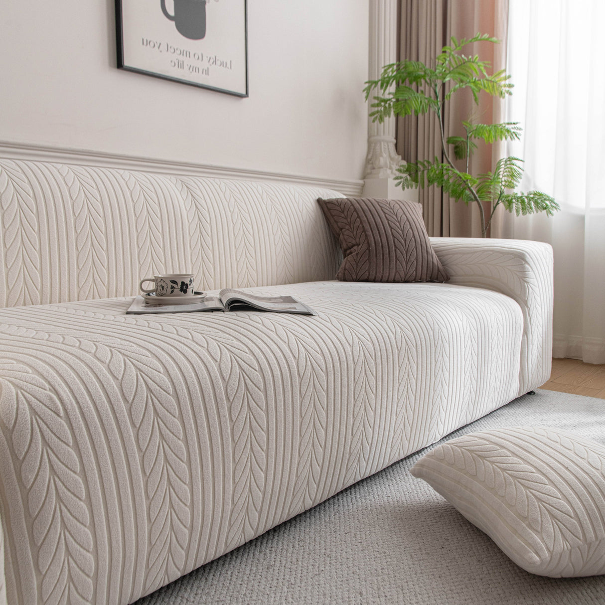 Plush Fleece Sofa Slipcover with 3D Wheat Pattern, Cozy High-Stretch Couch Cover