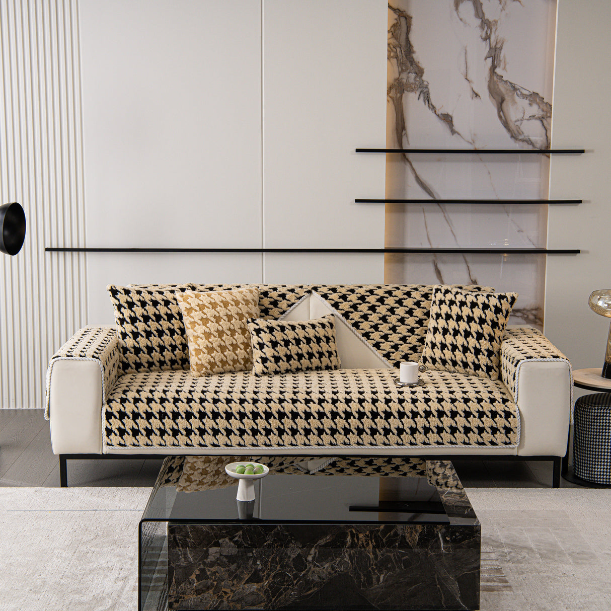Winter Thickened Sherpa Fleece Houndstooth Sofa Cushion, Non-slip Sofa Cover with Plush