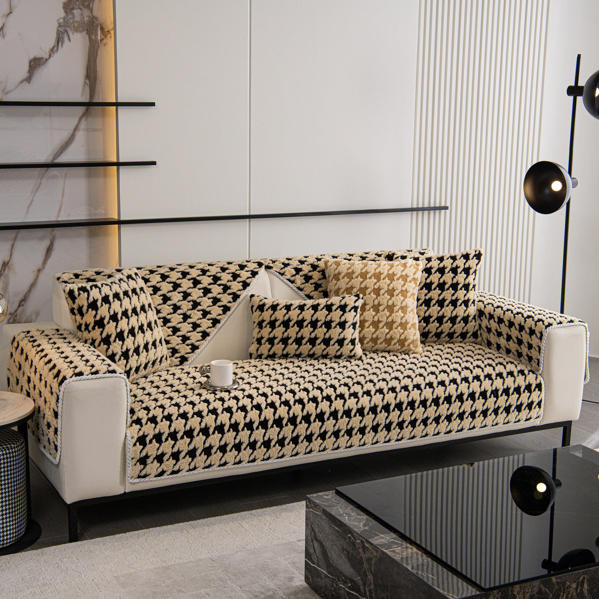 Winter Thickened Sherpa Fleece Houndstooth Sofa Cushion, Non-slip Sofa Cover with Plush