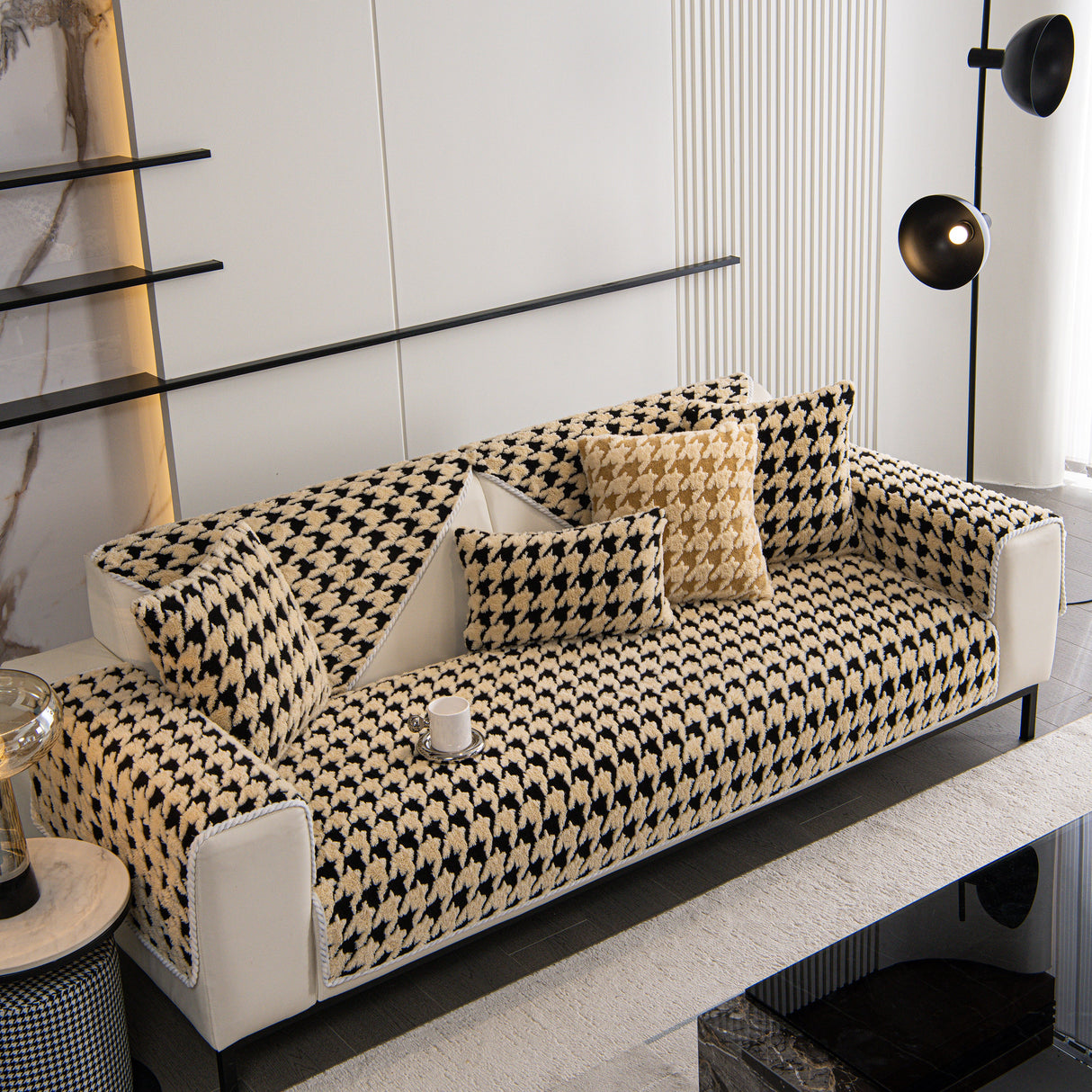 Winter Thickened Sherpa Fleece Houndstooth Sofa Cushion, Non-slip Sofa Cover with Plush