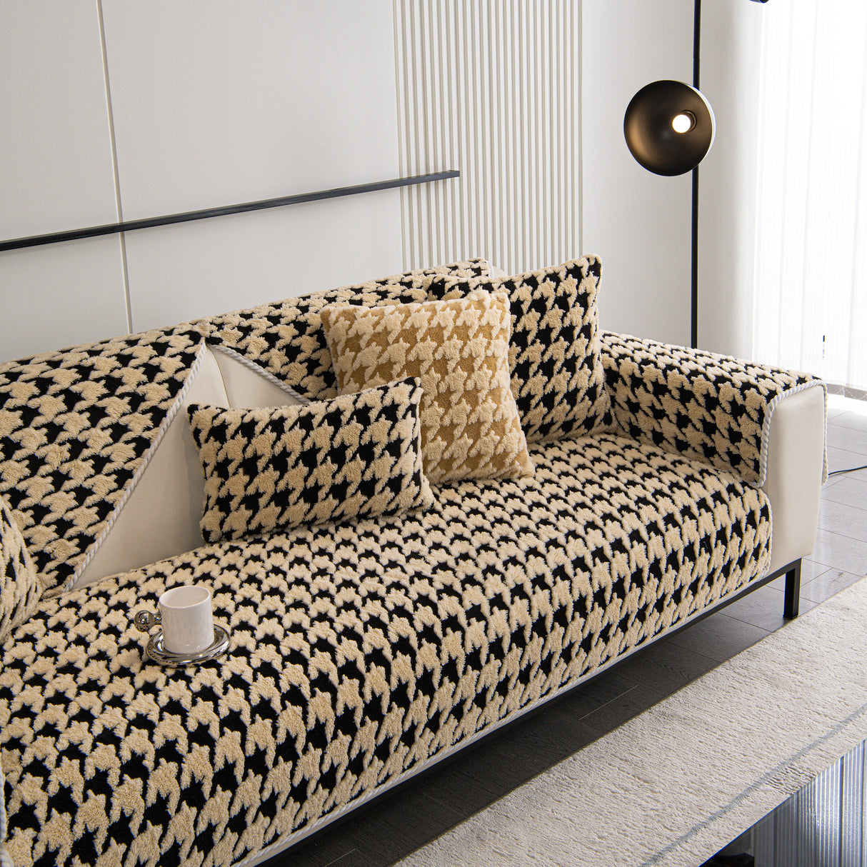 Winter Thickened Sherpa Fleece Houndstooth Sofa Cushion, Non-slip Sofa Cover with Plush