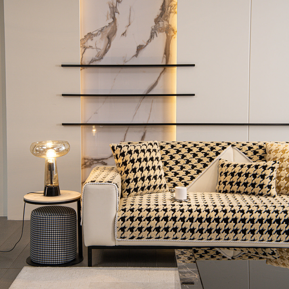 Winter Thickened Sherpa Fleece Houndstooth Sofa Cushion, Non-slip Sofa Cover with Plush