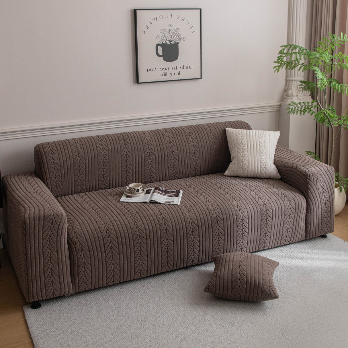 Plush Fleece Sofa Slipcover with 3D Wheat Pattern, Cozy High-Stretch Couch Cover