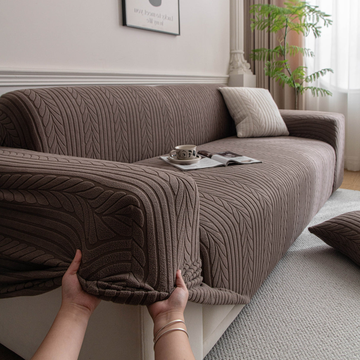 Plush Fleece Sofa Slipcover with 3D Wheat Pattern, Cozy High-Stretch Couch Cover