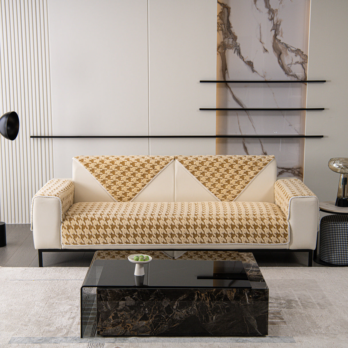 Winter Thickened Sherpa Fleece Houndstooth Sofa Cushion, Non-slip Sofa Cover with Plush