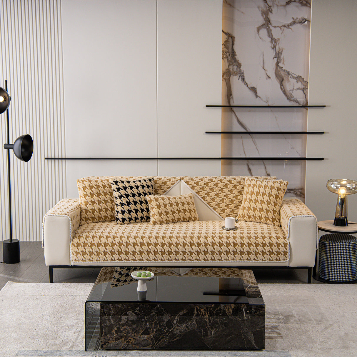 Winter Thickened Sherpa Fleece Houndstooth Sofa Cushion, Non-slip Sofa Cover with Plush