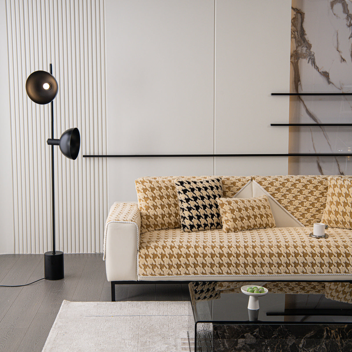 Winter Thickened Sherpa Fleece Houndstooth Sofa Cushion, Non-slip Sofa Cover with Plush