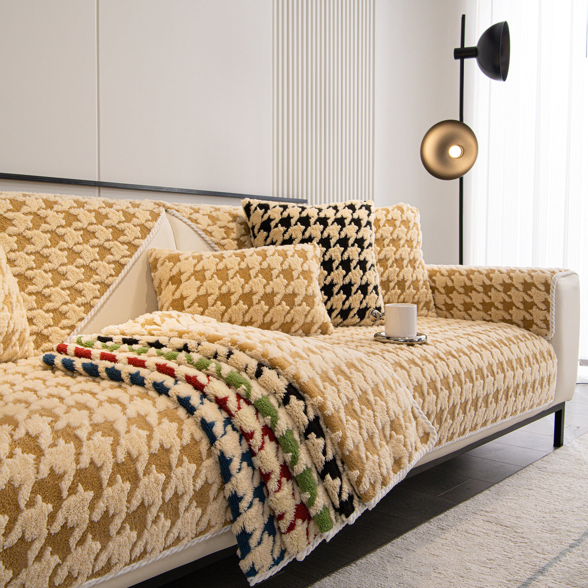 Winter Thickened Sherpa Fleece Houndstooth Sofa Cushion, Non-slip Sofa Cover with Plush