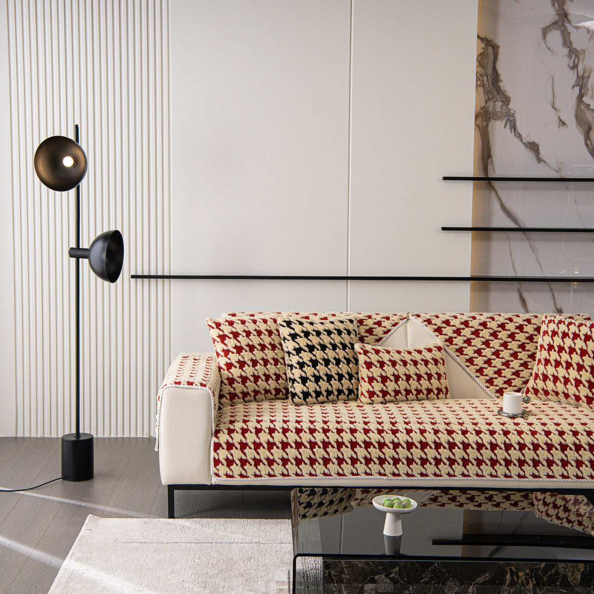 Winter Thickened Sherpa Fleece Houndstooth Sofa Cushion, Non-slip Sofa Cover with Plush