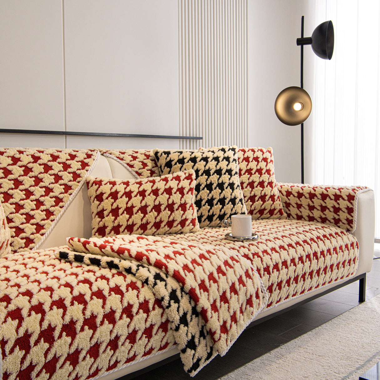 Winter Thickened Sherpa Fleece Houndstooth Sofa Cushion, Non-slip Sofa Cover with Plush