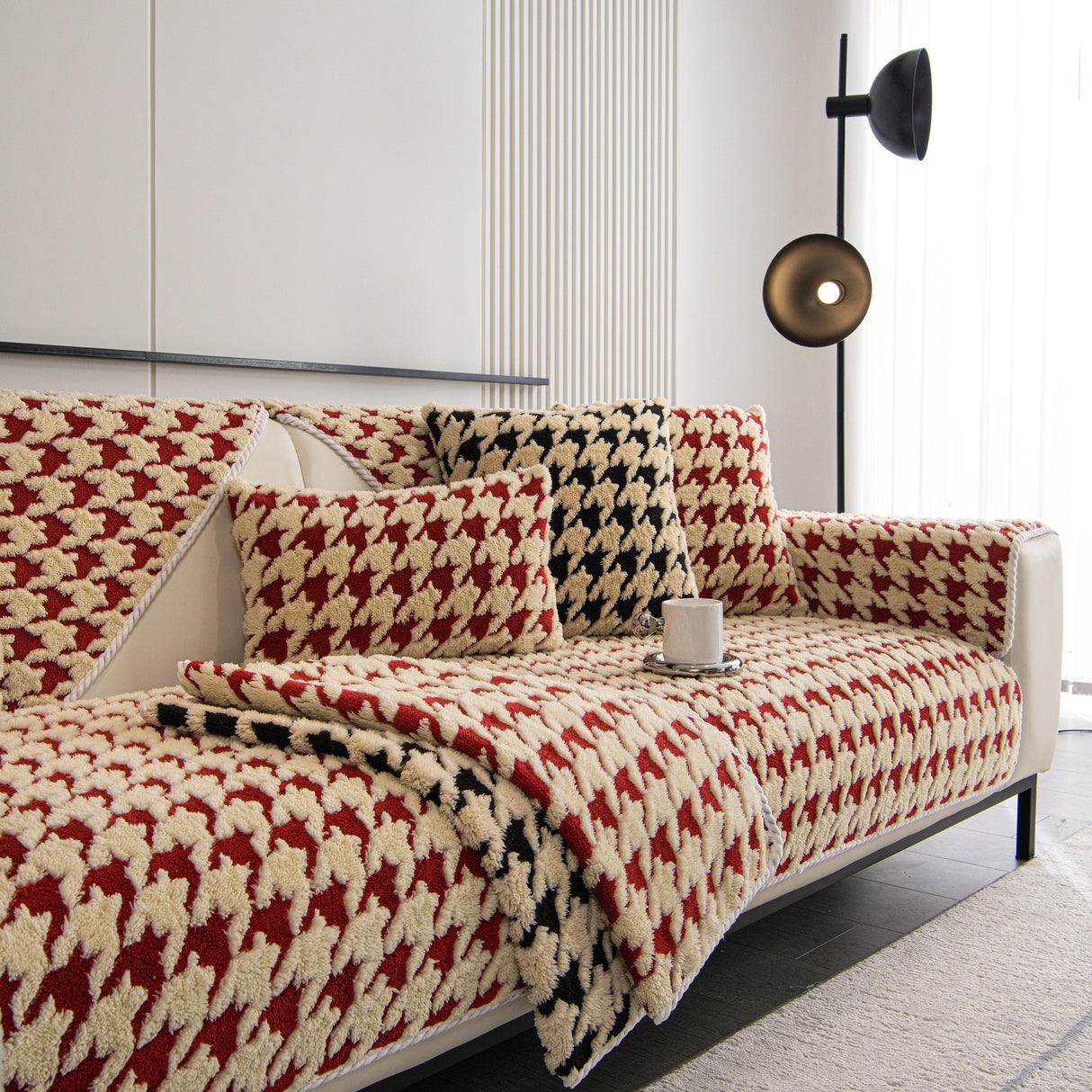 Winter Thickened Sherpa Fleece Houndstooth Sofa Cushion, Non-slip Sofa Cover with Plush