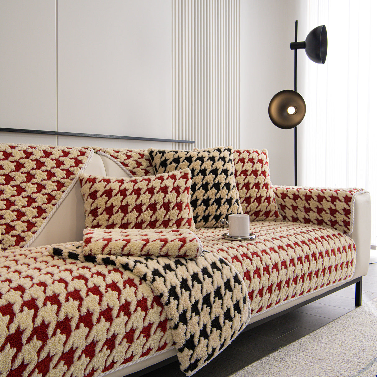 Winter Thickened Sherpa Fleece Houndstooth Sofa Cushion, Non-slip Sofa Cover with Plush