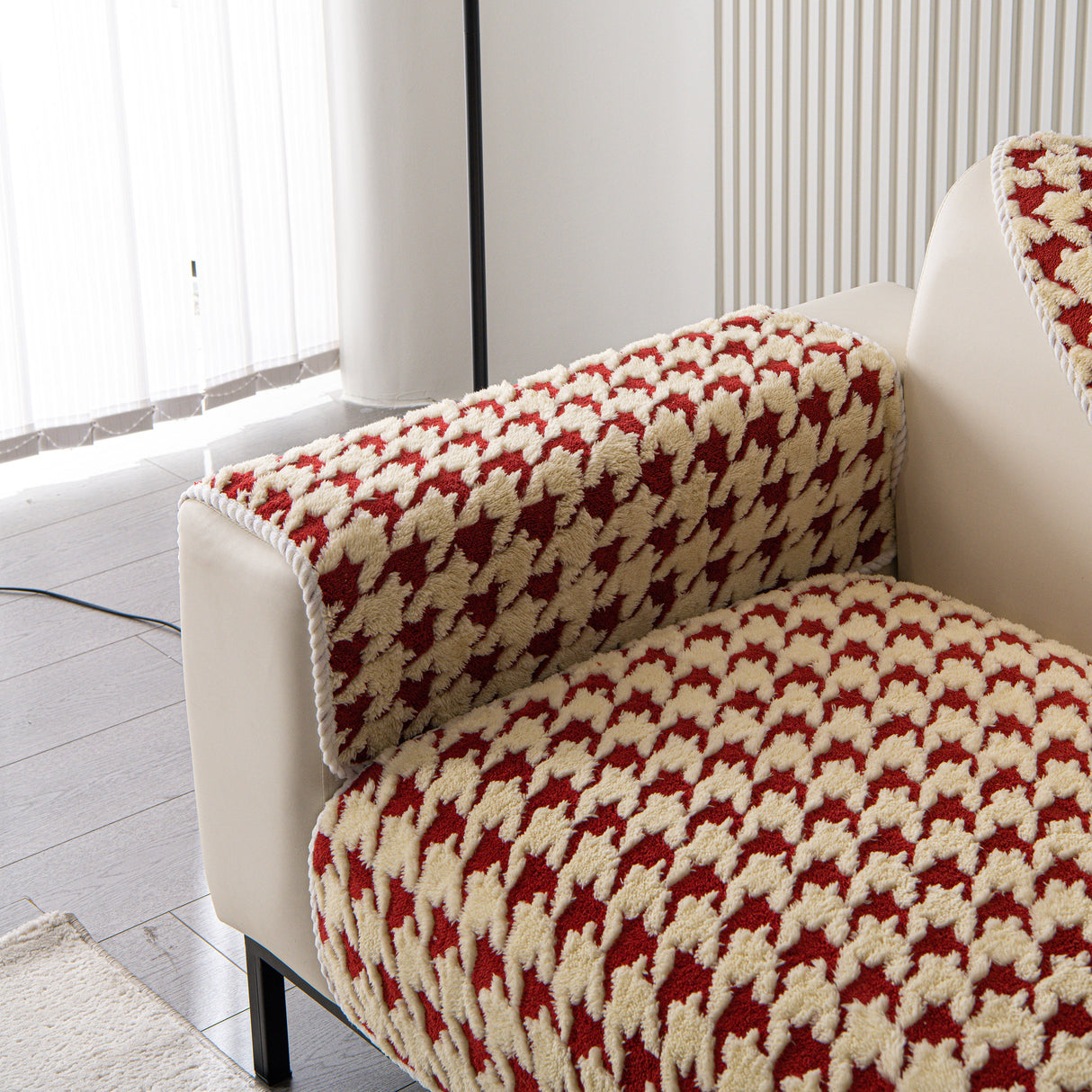 Winter Thickened Sherpa Fleece Houndstooth Sofa Cushion, Non-slip Sofa Cover with Plush