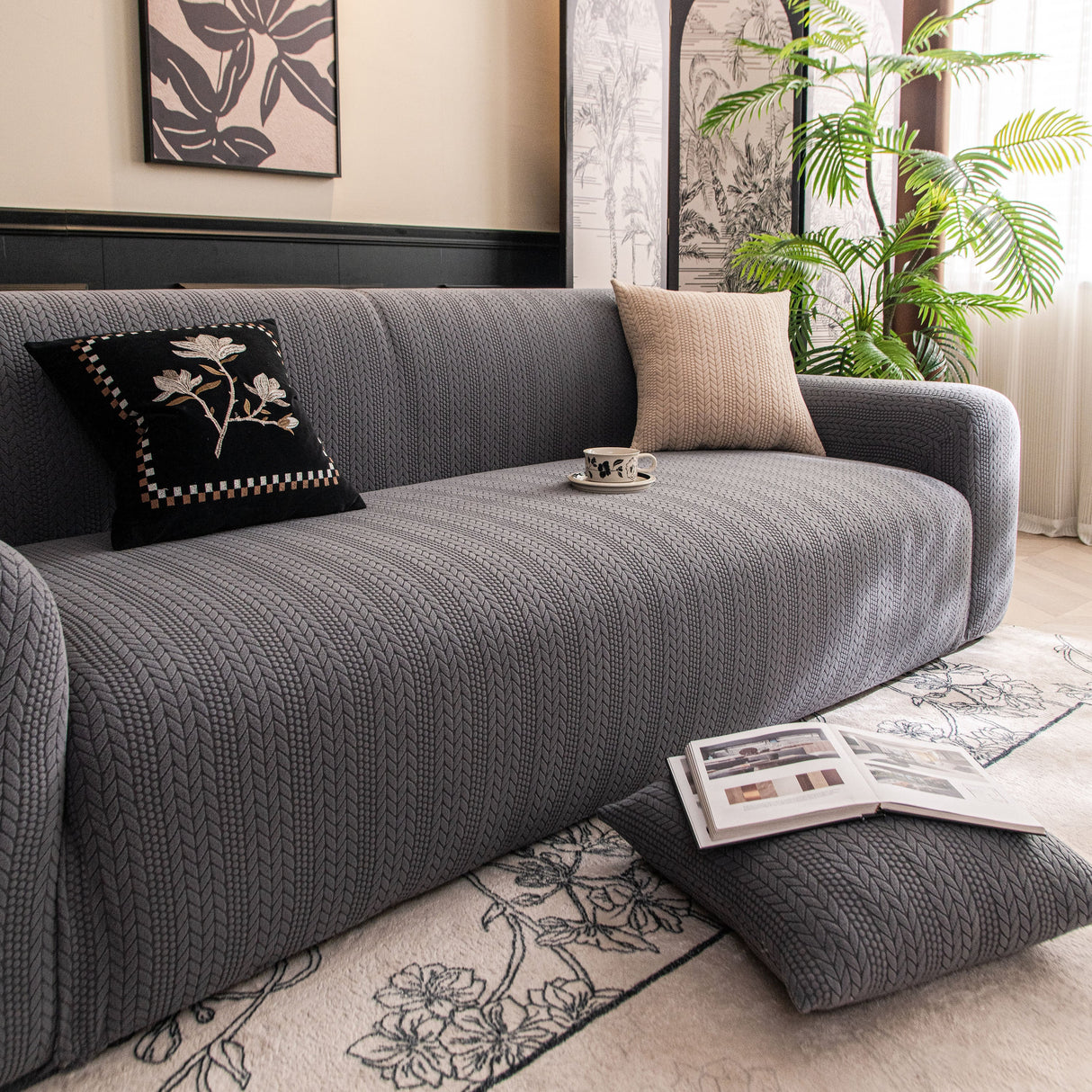 High Stretch Wheat Ear Embossed Textured Couch Slipcover, Water Repellent Sofa Cover