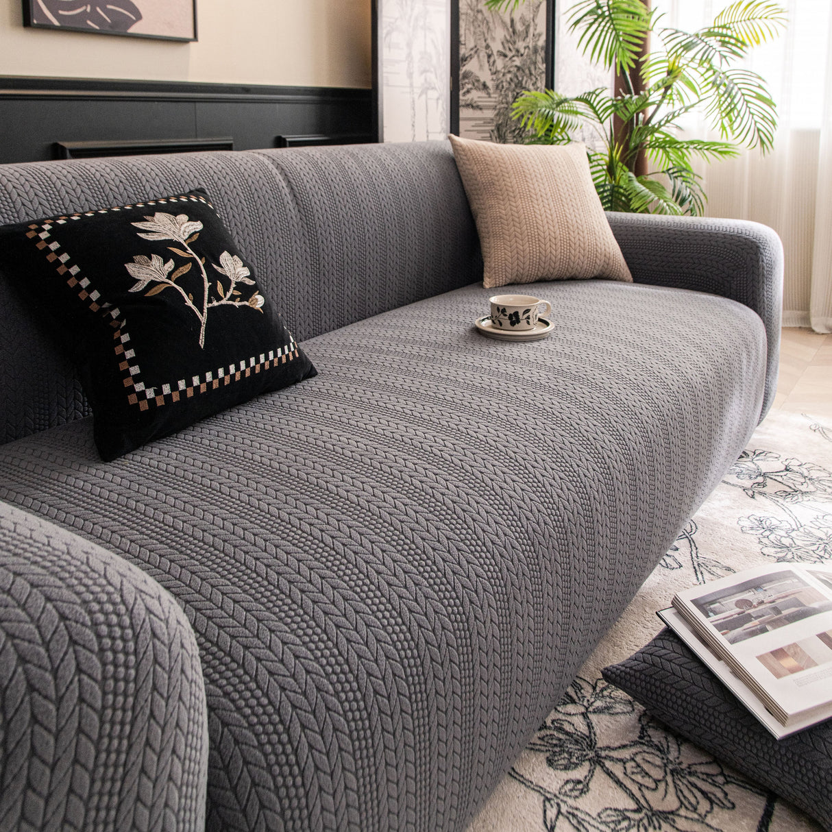 High Stretch Wheat Ear Embossed Textured Couch Slipcover, Water Repellent Sofa Cover