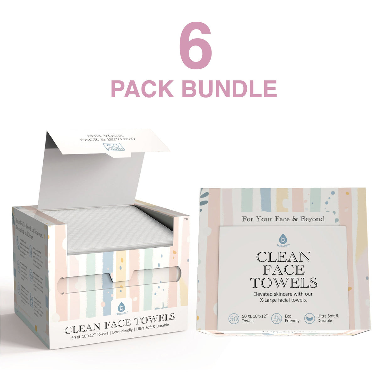 Clean Facial Towels – Six Pack Bundle | Eco-Friendly, Extra-Large, 100% Plant-Based Towels by Pursonic