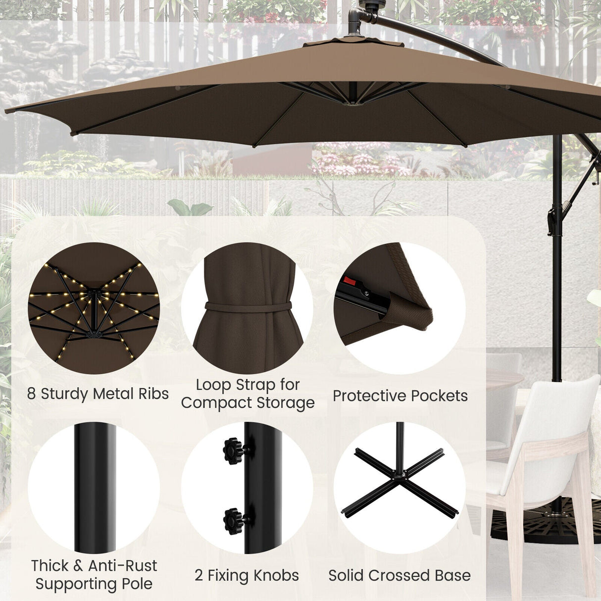 10 Feet Patio Offset Umbrella with 112 Solar-Powered LED Lights-Beige-Coffee by DirectDeals
