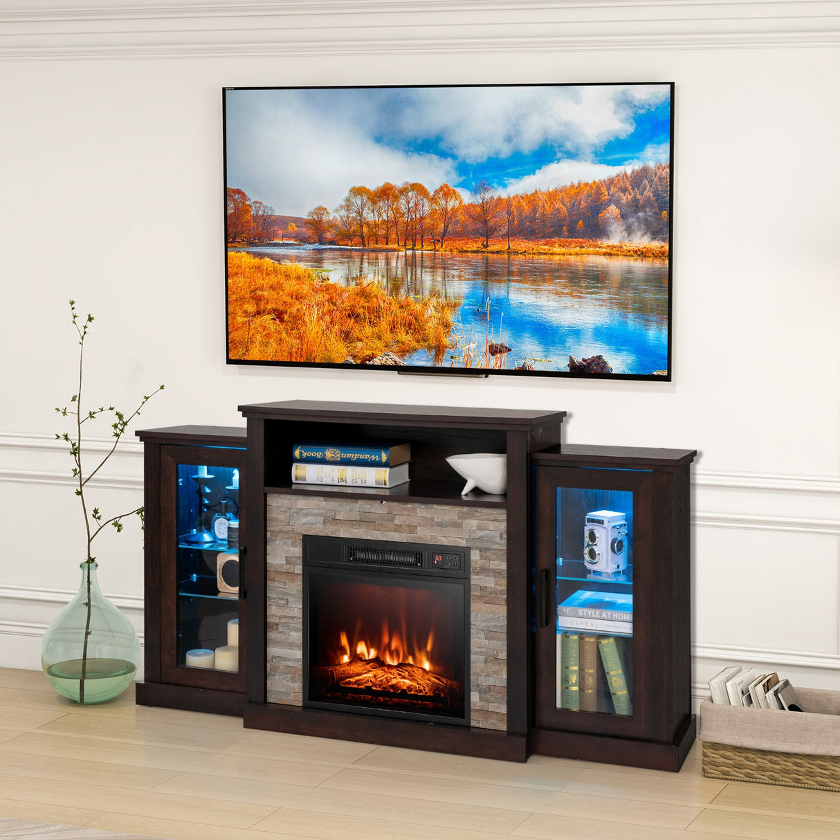 Fireplace TV Stand with 16-Color Led Lights for TVs up to 65 Inch-Dark Brown