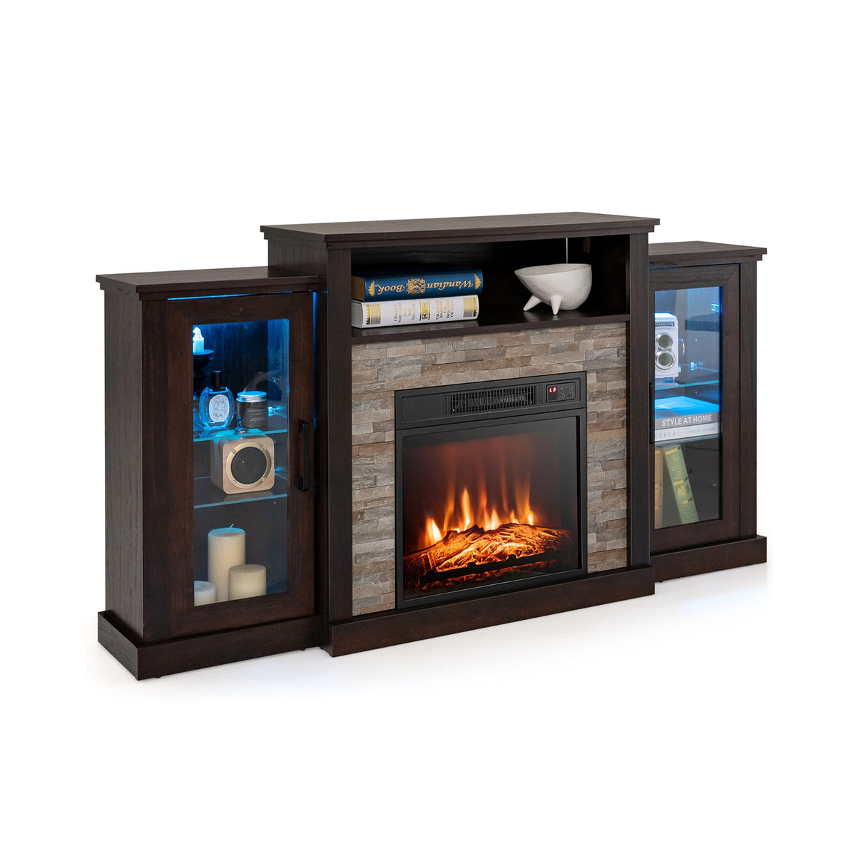 Fireplace TV Stand with 16-Color Led Lights for TVs up to 65 Inch-Dark Brown
