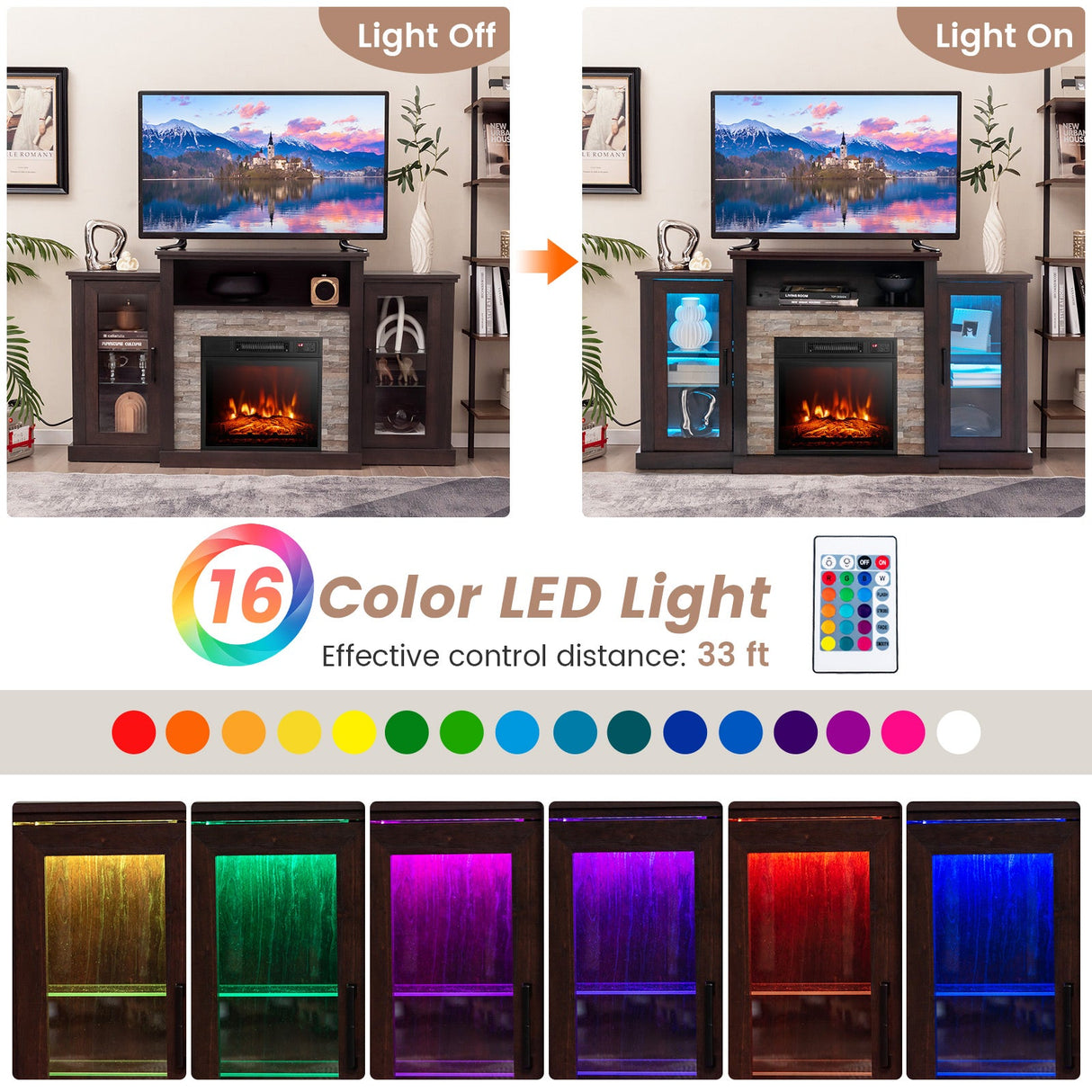 Fireplace TV Stand with 16-Color Led Lights for TVs up to 65 Inch-Dark Brown