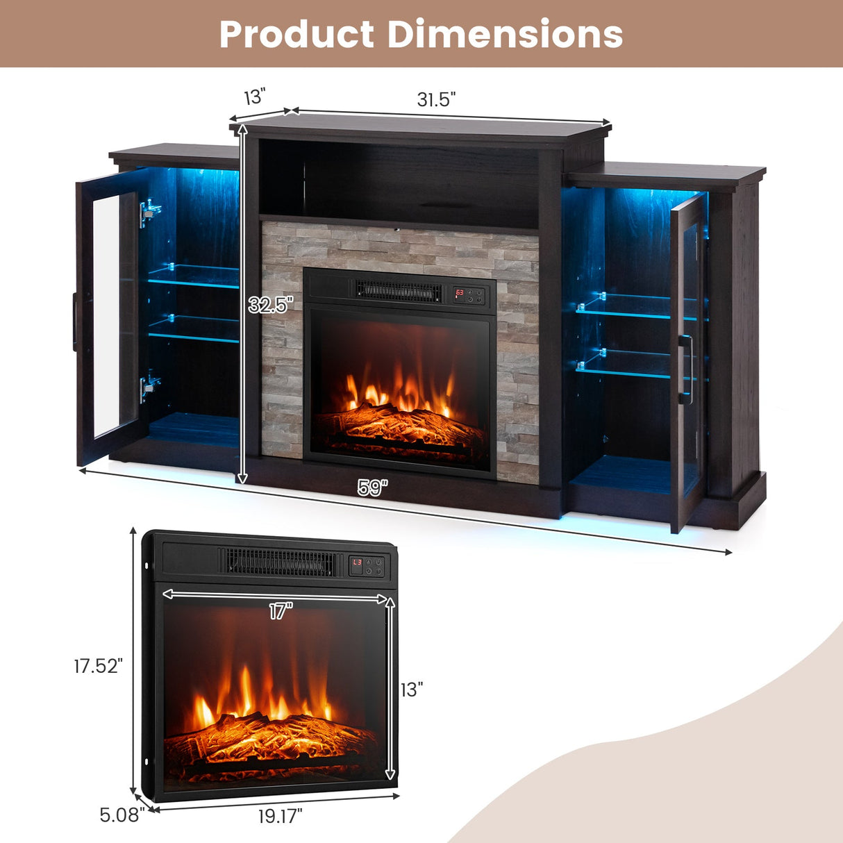 Fireplace TV Stand with 16-Color Led Lights for TVs up to 65 Inch-Dark Brown