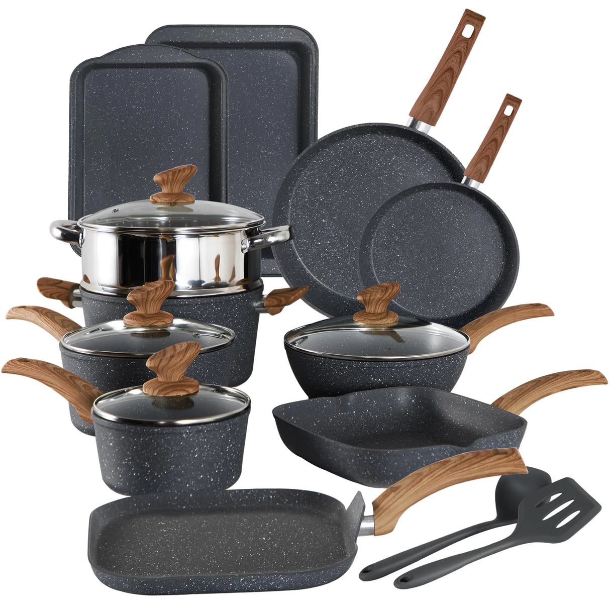 Kitchen Academy Induction Cookware Set-17 Piece Non-stick Cooking Pan Set Black Granite Pots and Pans Set