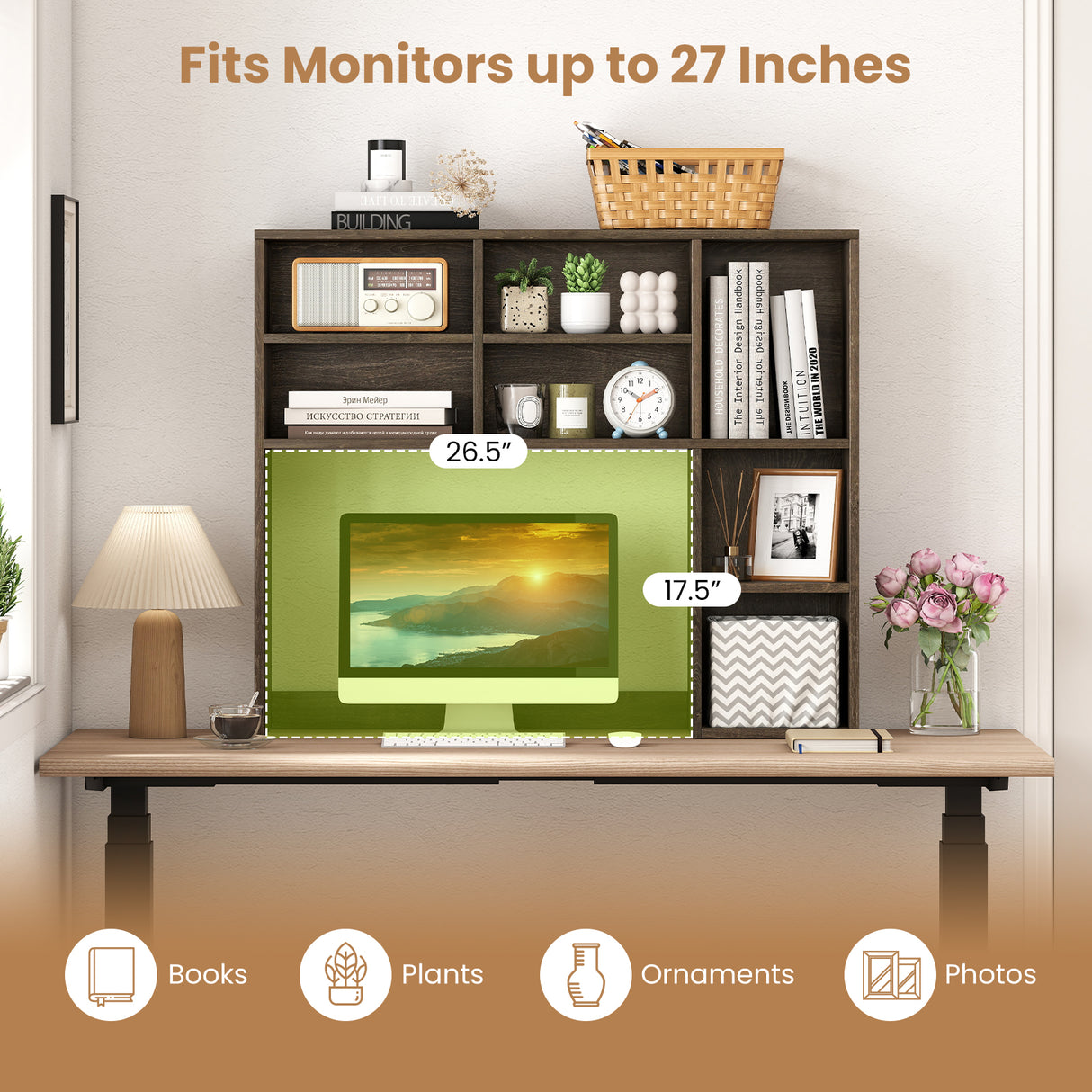 Desktop Bookshelf with 7 Open Cubbies and 3 Adjustable Shelves-Oak