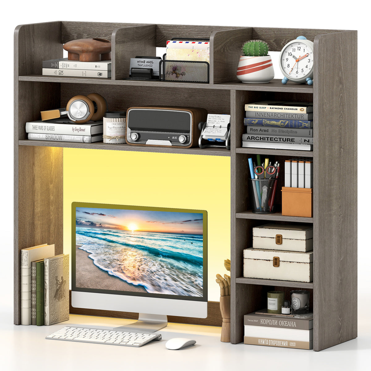 Desktop Bookshelf with LED Lights 35.5 inch Desk Hutch Storage Organizer-Oak