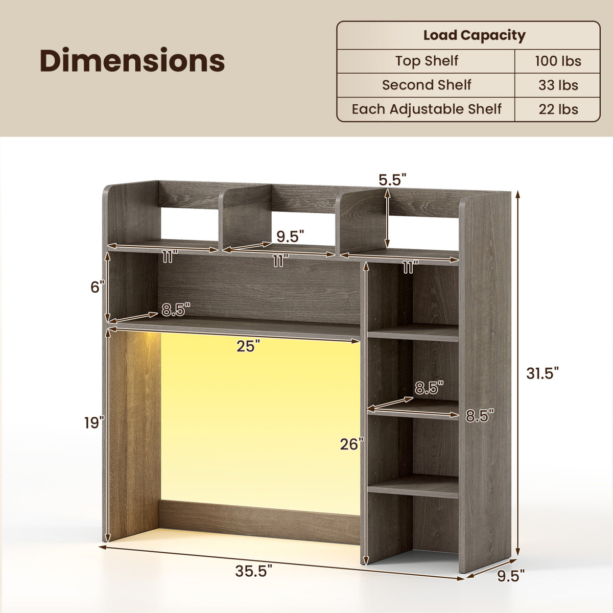 Desktop Bookshelf with LED Lights 35.5 inch Desk Hutch Storage Organizer-Oak