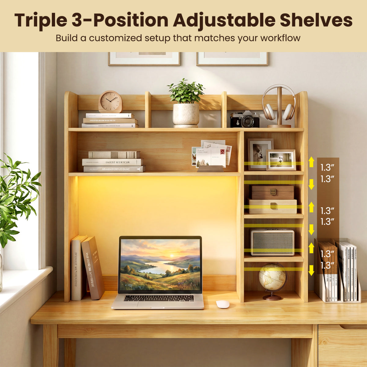Desktop Bookshelf with LED Lights 35.5 inch Desk Hutch Storage Organizer-Beige
