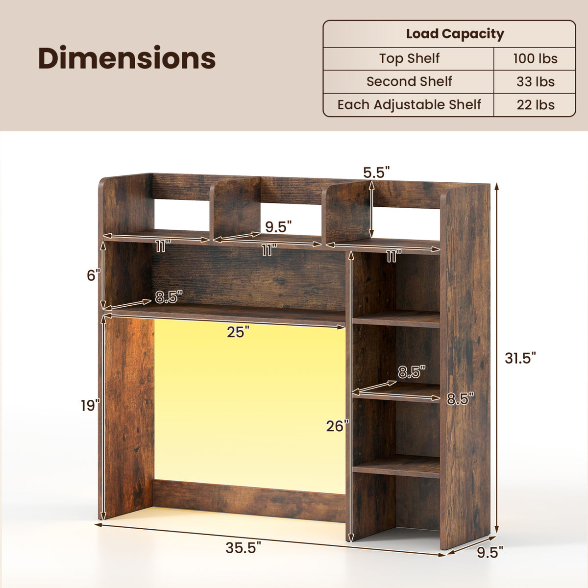 Desktop Bookshelf with LED Lights 35.5 inch Desk Hutch Storage Organizer-Rustic Brown