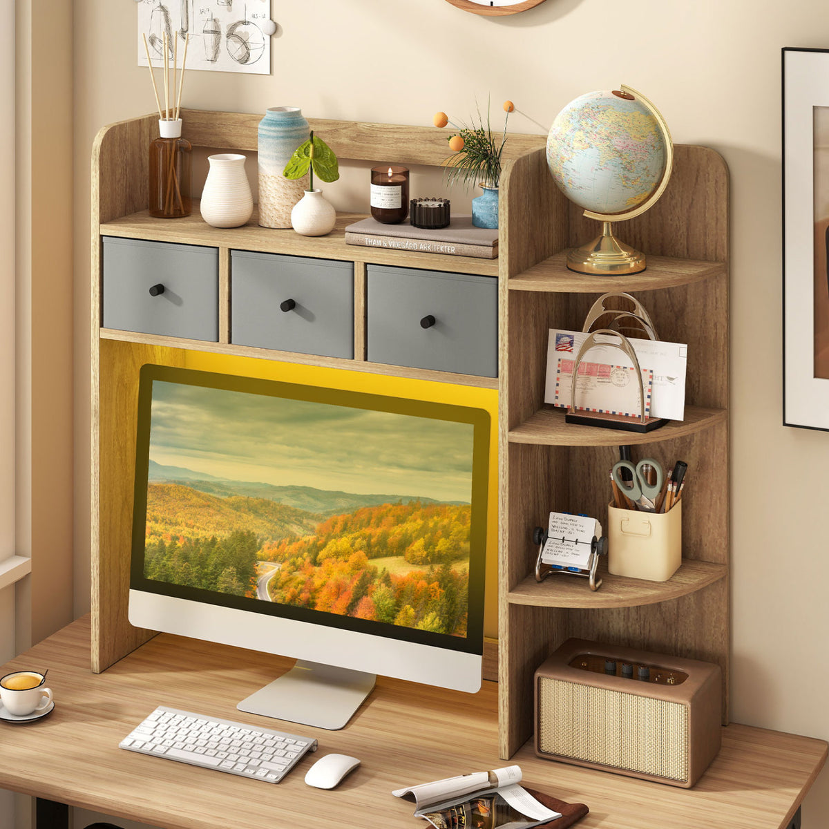 Desktop Bookshelf with LED Lights 5-Tier Shelves and 3 Drawers for Home Officce-Natural