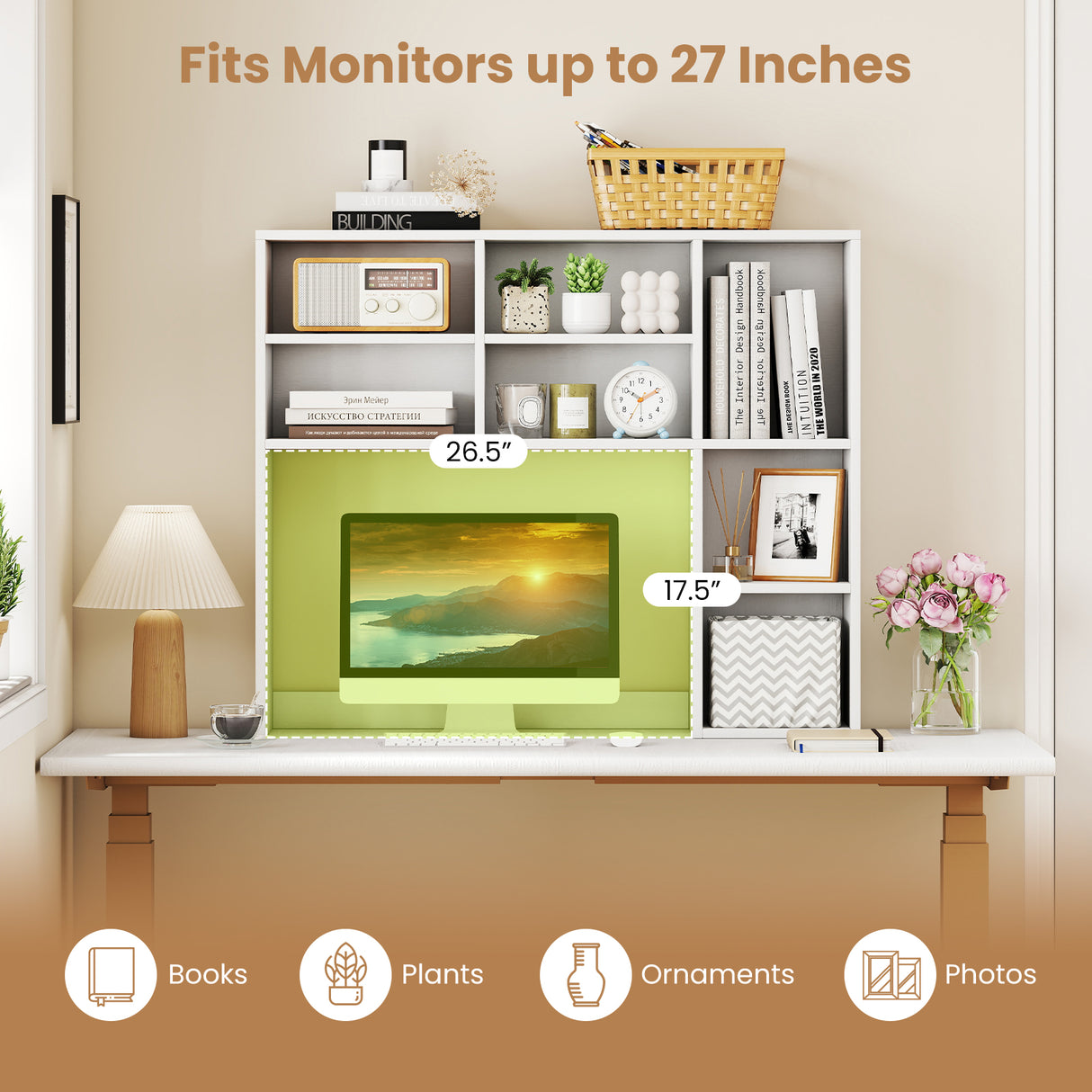 Desktop Bookshelf with 7 Open Cubbies and 3 Adjustable Shelves-White