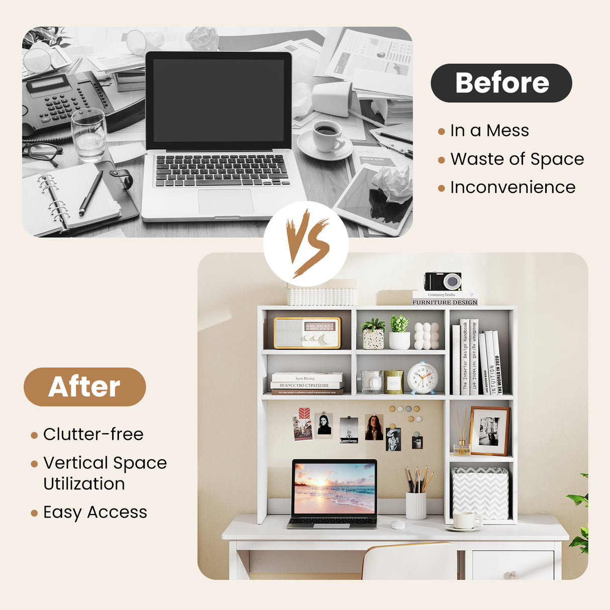 Desktop Bookshelf with 7 Open Cubbies and 3 Adjustable Shelves-White